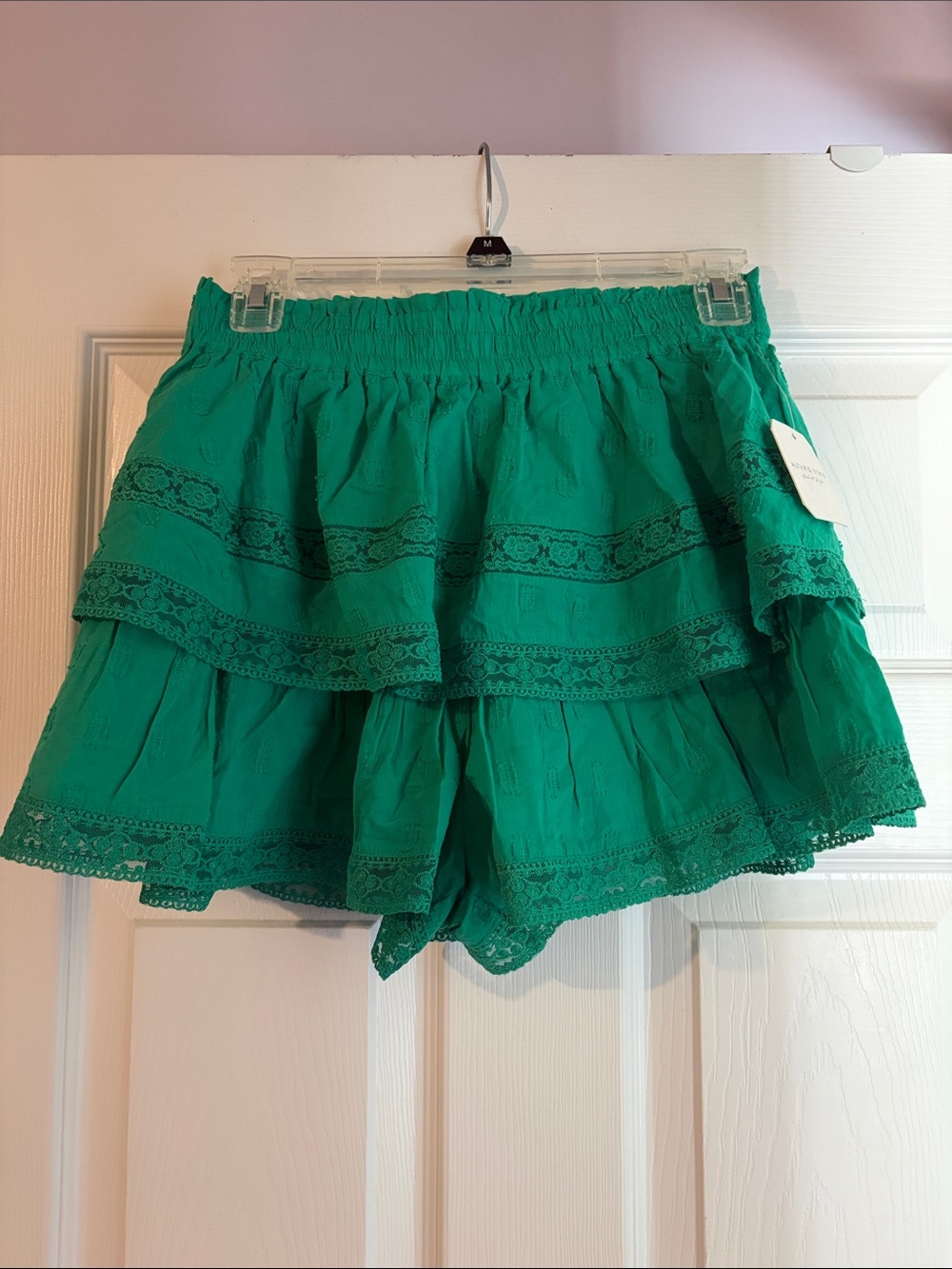 Altar'd State Emerald Tiered Lace-Trim Shorts